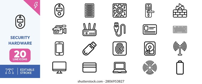 Security icons including access card, QR code scanner, network router, locked door, firewall, USB drive, fingerprint scanner, and encrypted hard drive for cybersecurity and data protection projects.