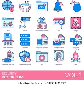 Iconos de seguridad que incluyen acceso bloqueado, y ventanas emergentes, alerta, bomba, CCTV, servidor en la nube, CVV, peligro, datos destruidos, base de datos, correo electrónico cifrado, mensajería, unidad de lápiz, error con protección, huella dactilar.