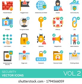Security icons including firewall breach, flagged issue, global secure shield, hacker, home, ID card, incognito mode, key, lifebuoy, link, lock pattern, malware, megaphone, metal detector, phishing.