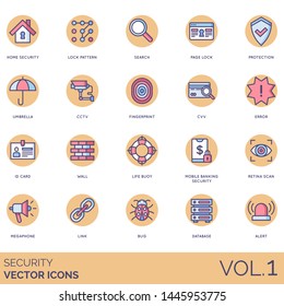 Security icons including home, lock pattern, search, page, protection, umbrella, cctv, fingerprint, error, id card, wall, life buoy, mobile banking, retina scan, megaphone, link, bug, database, alert.
