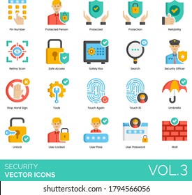 Security Icons Including Pin Number, Protected Person, Protection, Reliability, Retina Scan, Safe Access, Safety Box, Search, Officer, Stop Hand Sign, Tools, Touch Again, ID, Umbrella, Password, Wall.