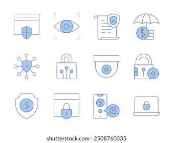 Iconos de seguridad. Línea estilo Duotone, carrera editable. seguridad, cámara de seguridad, escudo, seguro, huella digital, página web, candado, escáner de ojos.