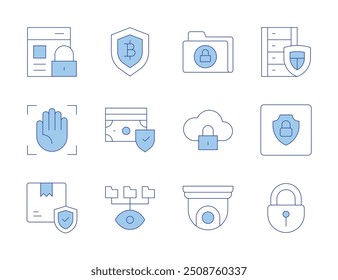 Security icons. Line Duotone style, editable stroke. security system, secure folder, spy, web security, cctv, data, box, palm, secure payment, money, online security, lock.