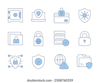 Security icons. Line Duotone style, editable stroke. folder, lock, server, credit card, laptop, alert, shield, security, security box, confidential, antivirus, cyber security.