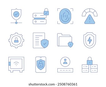 Ícones de segurança. Linha Duotone estilo, traço editável. impressão digital, proteção, escudo, segurança cibernética, risco, documento legal, segurança de dados, caixa de segurança, pasta segura.