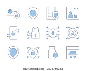 Security icons. Line Duotone style, editable stroke. flash drive, cyber security, verified, shield, security, data, security system, lock, spy, webpage, private account.