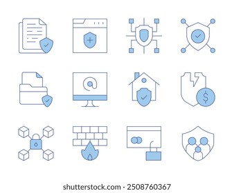 Security icons. Line Duotone style, editable stroke. firewall, document, security, cyber, protected, antivirus, family insurance, home, lock, secure payment, personal security.