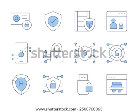 Security icons. Line Duotone style, editable stroke. flash drive, cyber security, verified, shield, security, data, security system, lock, spy, webpage, private account.