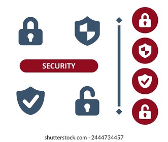 Iconos de seguridad. Bloquear, bloqueado, escudo, seguro, desbloquear, desbloqueado, marca de verificación, icono verificado. Profesional, Vector perfecto de 32x32 píxeles.