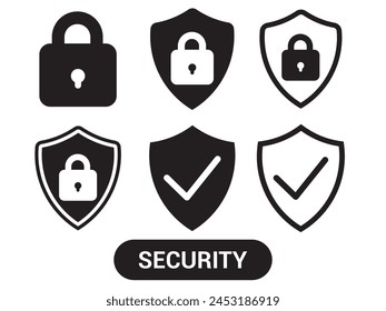 Security icons. Lock, locked, shield, safe, secure, checkmark, verified icon