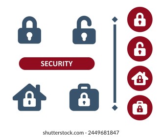 Iconos de seguridad. Cerradura, cerrado, desbloqueado, casa, equipaje, maleta icono. Profesional, Vector perfecto de 32x32 píxeles.