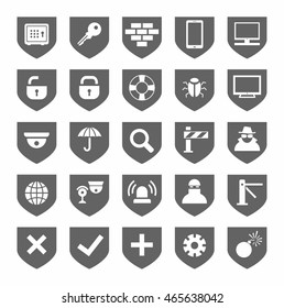 Security, icons, monochrome, gray, vector. Grey, flat icons on the theme of protection and safety of people and computers. Grey images on a white background. 