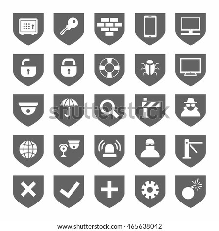 Security, icons, monochrome, gray, vector. Grey, flat icons on the theme of protection and safety of people and computers. Grey images on a white background. 