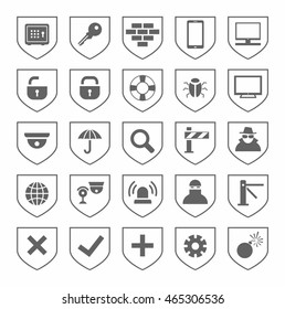 Security, icons, monochrome, vector. Grey, flat icons on the theme of protection and safety of people and computers. Grey images on a white background.   