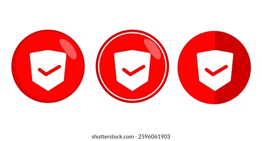 Security icons, red shield, checkmark, approval. Circular design, simple, white background. Ideal for websites, apps, verification and online security