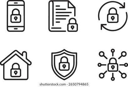 Security Icons Representing Digital and Physical Safety with Padlocks on Phone, Files, Home, and Shield