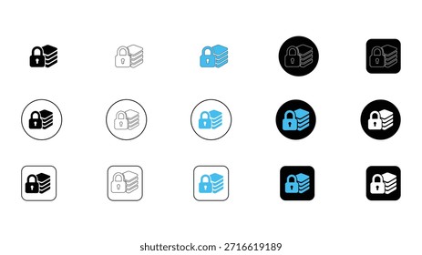 Iconos de seguridad que representan pilas de dinero o documentos bloqueados