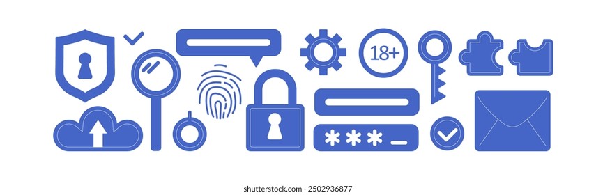 Sicherheitssymbole in blauen Tönen, die Datenschutz, Schutz und Online-Sicherheitsmaßnahmen darstellen