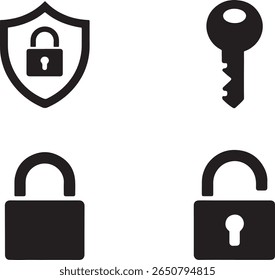Security Icons Representing Protection and Access Control Key Lock Open Lock and Shield with Padlock for Digital Data