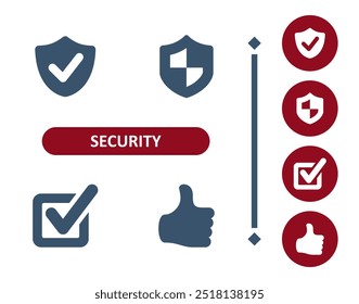 Iconos de seguridad. Seguro, seguro, verificado, garantía, garantizado, escudo, marca de verificación, tick, pulgar para arriba icono. Profesional, icono de Vector perfecto de 32x32 píxeles.