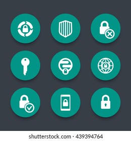 Security icons, secure transaction, online security, key, lock, shield, round green icons, vector illustration