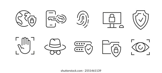 Iconos de seguridad. Conjunto de 10 iconos mínimos de moda de seguridad. Computadora, exploración ocular, cámara de seguridad, huella digital, icono de escudo. Signos de diseño para la página de Web, App móvil, diseño de embalaje. Ilustración vectorial