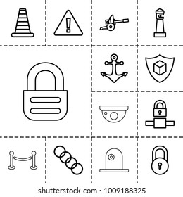 Security icons. set of 13 editable outline security icons such as cone barrier, lock, lighthouse, warning, cargo insurance, anchor, chain, cannon, fence, siren