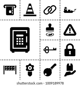Security icons. set of 13 editable filled security icons such as cone, key, gear keyhole, lock, safe, cargo protection, water military, fence, stamp, warning, chain
