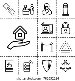 Security icons. set of 13 editable outline security icons such as pass control, red carpet barrier, lock, censored woman, shield, house insurance, fire protection, intercom