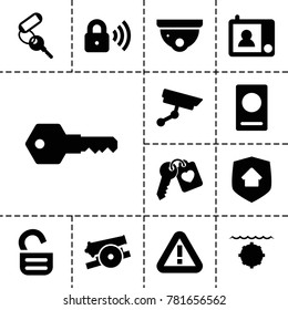 Security icons. set of 13 editable filled security icons such as passport, key, heart key, intercom, cannon, water military, opened lock
