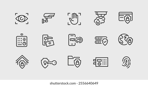 Security icons. Set of 15 security trendy minimal icons. Computer, Eye scan, Security camera, Fingerprint, Shield icon. Design signs for web page, mobile app, packaging design. Vector illustration
