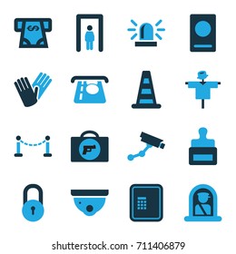 Security icons set. set of 16 security bi-color icons such as scarecrow, fence, metal gate detector, briefcase with weapon, airport officer, passport, stamp, cone barrier, atm