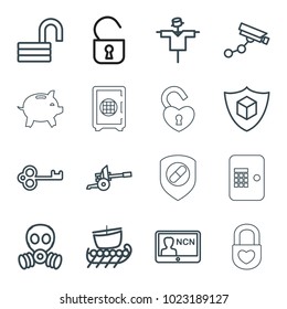 Security icons. set of 16 editable outline security icons such as scarecrow, security camera, opened lock, key, cargo insurance, badge, gas mask, cannon, water military, atm
