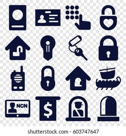 Security icons set. set of 16 security filled icons such as airport officer, passport, lock, key, badge, heart lock, siren, walkie talkie, water military, keyhole