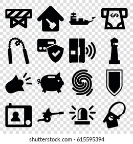 Security icons set. set of 16 security filled icons such as barrier, lighthouse, siren, ATM money withdraw, home key, home key tag, intercom, finger print, shield