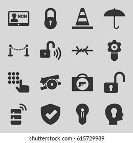 Security icons set. set of 16 security filled icons such as fence, briefcase with weapon, lock, cone, opened security lock, badge, server, cannon, wire fence
