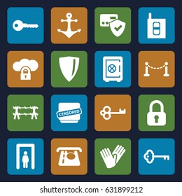 Security icons set. set of 16 security filled icons such as fence, metal gate detector, safe, atm money withdraw, gloves, key, censored, intercom, anchor, wire fence