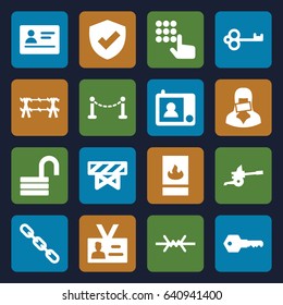 Security icons set. set of 16 security filled icons such as fence, passport, barrier, opened lock, chain, censored woman, badge, key, fire protection, intercom, wire fence