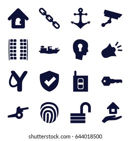 Security icons set. set of 16 security filled icons such as plane seats, opened lock, chain, lock home, house insurance, key, intercom, siren, security camera, keyhole in head