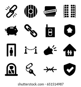Security icons set. set of 16 security filled icons such as fence, metal gate detector, airport officer, plane seats, key, censored, family home, intercom, home security