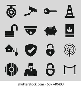 Security icons set. set of 16 security filled icons such as cone barrier, red carpet barrier, opened lock, heart lock, key, smart home, fire protection, spy camera, shield