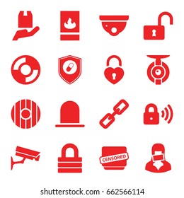 Security icons set. set of 16 security filled icons such as siren, lock, opened lock, cargo protection, censored woman, censored, health insurance, fire protection, lifebuoy