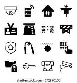 Security Icons Set. Set Of 16 Security Filled And Outline Icons Such As Scarecrow, Barrier, Badge, Family Home, Server, Chain Weapon, Water Military, Atm Money Withdraw, Key