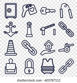 Security icons set. set of 16 security outline icons such as stamp, cone barrier, lighthouse, heart key, chain, house insurance, key, road barrier, anchor, chain weapon