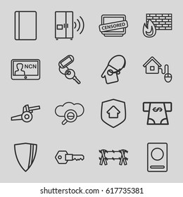 Security icons set. set of 16 security outline icons such as passport, key, ATM money withdraw, censored, home key tag, smart home, home security, intercom, badge, wire fence