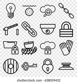 Security icons set. set of 16 security outline icons such as gloves, lock, chain, heart lock, road barrier, shield, wire fence, water military, key, security camera