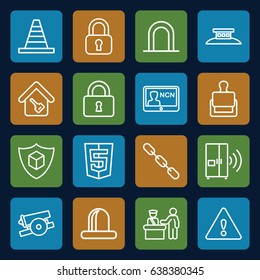 Security icons set. set of 16 security outline icons such as pass control, stamp, siren, cone, chain, lock, cargo insurance, home key, intercom, warning, badge, cannon
