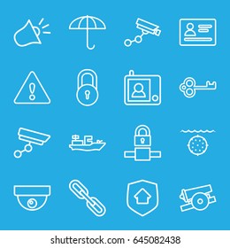 Security icons set. set of 16 security outline icons such as passport, lock, chain, intercom, siren, warning, cannon, water military, key