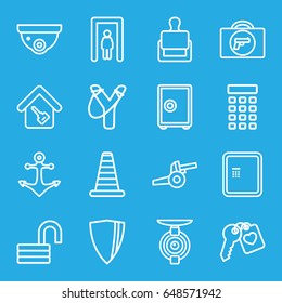 Security icons set. set of 16 security outline icons such as metal gate detector, briefcase with weapon, stamp, cone barrier, atm, security camera, opened lock, heart key