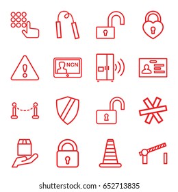Security icons set. set of 16 security outline icons such as fence, cone barrier, lock, badge, opened lock, cargo protection, heart lock, road barrier, intercom, warning